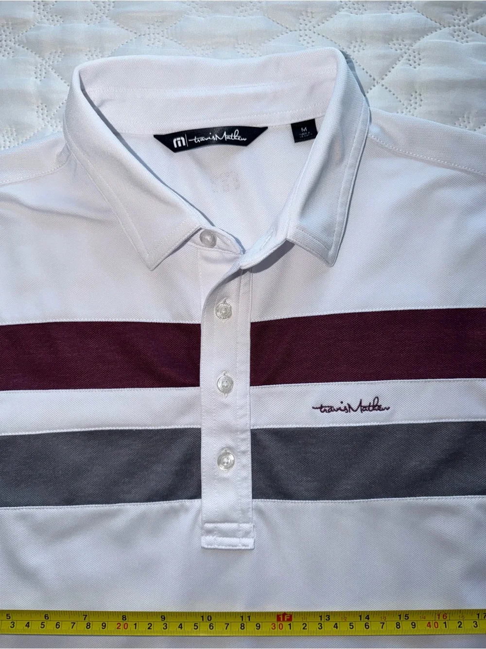 Travis Mathew White Polo with Maroon and Gray Stripes